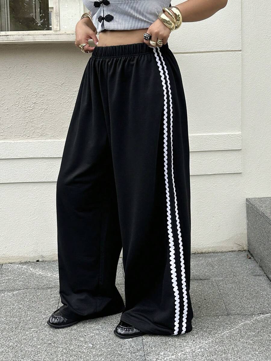 Muchica 大尺碼女款彈性腰拼色休閒百搭日常穿著長褲 - 黑色 - 查看 1