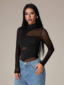 SHEIN PETITE 女款性感不規則網格拼接高領長袖連身衣，黑色透視網格拼接上衣，長袖上衣，高領上衣，黑色緊身連身衣，彈性針織面料，修身顯曲線，適合夜晚、派對、夜店、夜總會、雞尾酒會、慶祝活動、音樂節、度假穿搭，黑色透視連身衣，性感黑色連身衣 - 黑色 - 查看 3