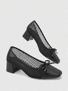 CUCCOO BIZCHIC Women's Fashion High-Heeled Shoes, Bow Stitching Mesh Rotund Heel Global Four-Season Commuting Elegant Foundation Festival Vacation Office Outdoor Daily Versatile Fall Shoes - Sunday night - View 9