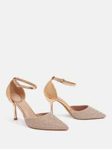 CUCCOO TILAWA Sandalias de tacón alto puntiagudo para mujer, elegantes y de lujo, con strass y diseño calado, para verano, compras, fiestas, oficina y uso diario - Oro rosa - Ver 3