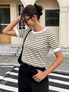 Serisse Top de punto de manga corta con rayas y bloques de color casual - Marrón Mocha - Ver 3