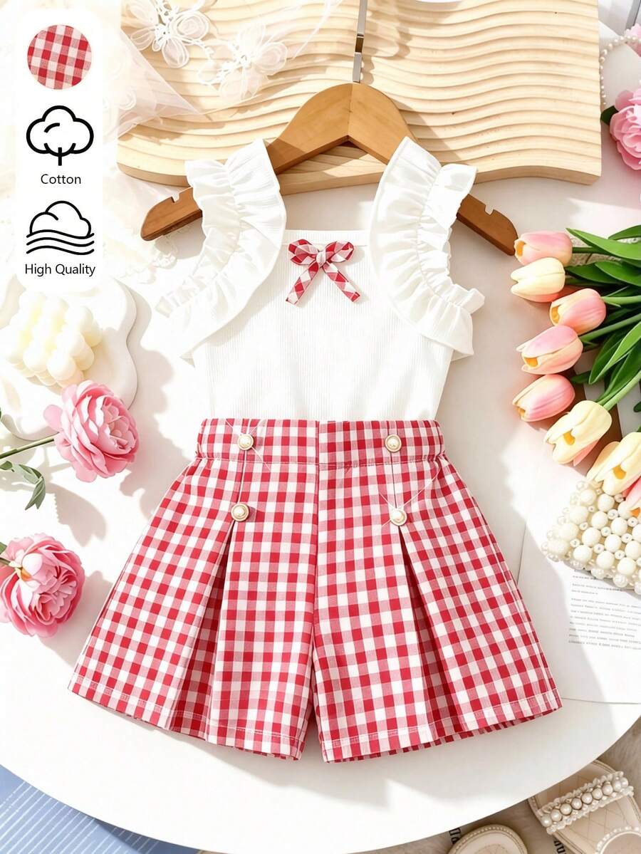 Young Girl Spring/Summer New Sweet College Style 2-Piece Set, White Solid Soft Ribbed Fabric Sleeveless Top Paired With Delicate Ruffle Trim Flutter Sleeve & Red Plaid Bow Decor Shorts Set - Red and White - View 1