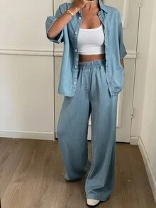 DAZY 女款極簡單排扣短袖襯衫與口袋鬆緊腰長褲牛仔套裝，適合嬌小女性夏季穿著 - 藍色 - 查看 2