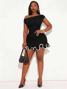 Radiana Plus Size Women's Asymmetrical Shoulder White Edge Spliced Cuffs And Hem Ruffled Trim Tight Dress, Suitable For Office, Prom, Ball, Valentine's Day - Black - View 3