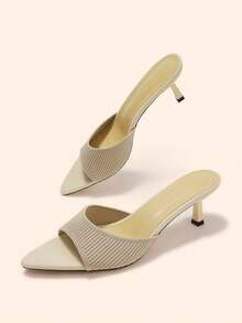 CUCCOO BASICS Ladies Knitted Apricot Stiletto Kitten Heel Sexy Mueller Slip-On Open Toe Toothed Tipped Breathable Summer Striped Women's Sandals Commuter - Apricot - View 5
