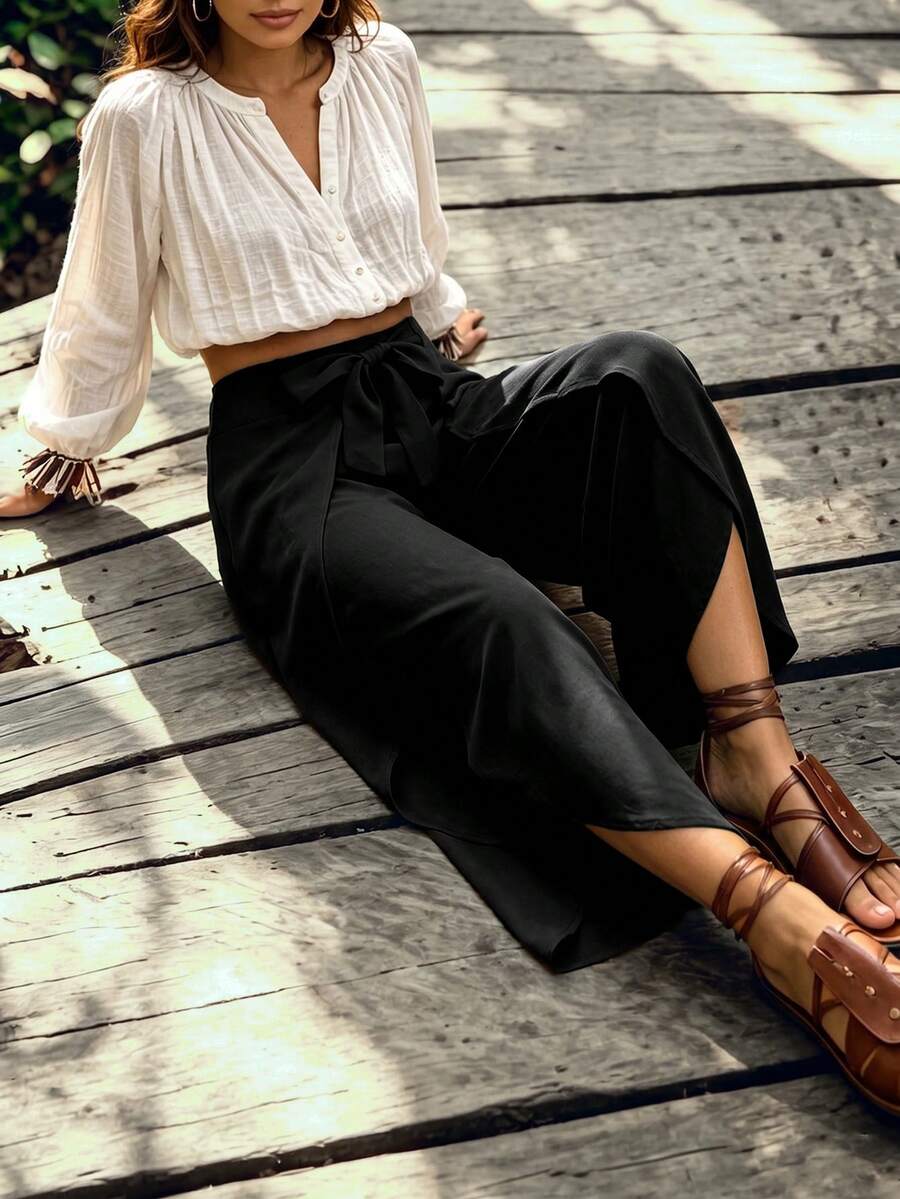 Linhara CURVE Plus Size Women's Army Green Front Tie Bow Design Drape Casual Wide Leg Pants - Black - View 1