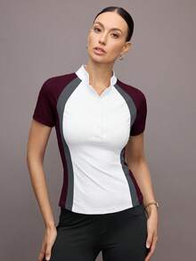 Activina Women's Contrast Color Patchwork Short Sleeve Equestrian Top - White - View 2