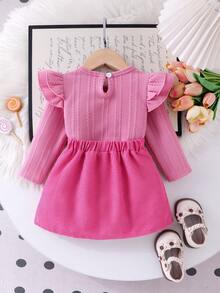 SHEIN Playful Pals 嬰兒女童白色針織紋理布料短袖長袖上衣與粉色燈芯絨裙 T-shirt 兩件套，甜美可愛兒童套裝 - 粉色 - 查看 2