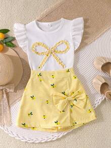 Elladie kids Girls' Lemon Print Yellow White Plaid 2-Piece Set, Round Neck Flutter Sleeve T-Shirt High Waist A-Line Skort, Casual Cute Vacation Summer Outfit - Yellow - View 7
