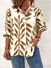 EMERY ROSE Floral Single Button Casual Daily Mid-Sleeve Shirt For New Year Clothes - Brown - View 3