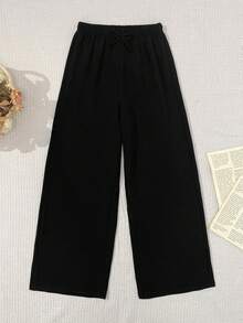 Pantaloni palazzo galbeni, țesuti, lejeri, casual, pentru fete, de primăvară/vară, potriviți pentru vacanță, plajă, acasă - Negru - Vizualizare 3