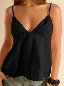 SHEIN BAE 女款蕾絲飾邊休閒百搭日常穿搭細肩帶背心上衣 - 黑色 - 查看 1