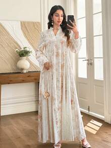 Al Najma 精緻刺繡印花寬鬆喇叭袖女款土耳其長版長衫與阿拉伯傳統長版長衫 - 彩色 - 查看 6