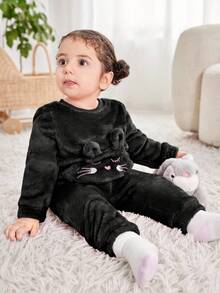 Set Atasan Lengan Panjang dan Celana Panjang Pinggang Elastis Motif Kartun Lucu untuk Bayi Perempuan Musim Gugur/Dingin - Hitam - View 5
