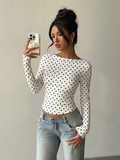 Aloruh Women's Polka Dot Slim Fit Versatile Daily Wear Long Sleeve T-Shirt