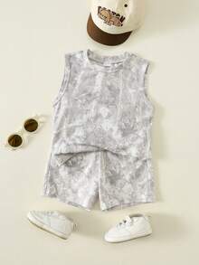 SHEIN Babyboy Street Style Versatile Printed Pattern Loose Tank Top & Elastic Waist Shorts Set - Multicolor - View 4