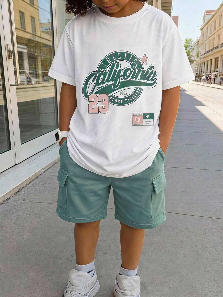SHEIN 兒童青少年男孩字母印花T恤與工裝短褲套裝 - 綠色 - 查看 1