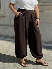 SHEIN Tall CURVE Plus Size Women's Chocolate Brown Drawstring Pants Vacation Autumn Elegant Fall Formal Casual Elegant Business Carribean - Brown - View 11
