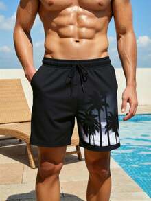 Surfspeed Plus Size Men's Palm Tree Black Hawaiian Swim Trunks,Elastic Waist Drawstring Casual Pocket Beach Shorts For Summer Holiday Vacation Holiday,Versatile - Black - View 2