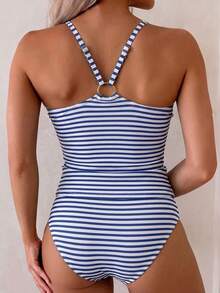 SHEIN Swim 女款純色抓皺深V領無袖抽繩坦克背心式比基尼泳衣套裝，適合旅行、度假、游泳池、夏季海灘 - 藍色 - 查看 2