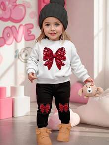 Baby Girl Casual Knit Soft Thickened Round Neck Long Sleeve Sweatshirt & Tight Leggings, Suitable For Autumn/Winter Bow Print Cute Pink - Multicolor - View 1