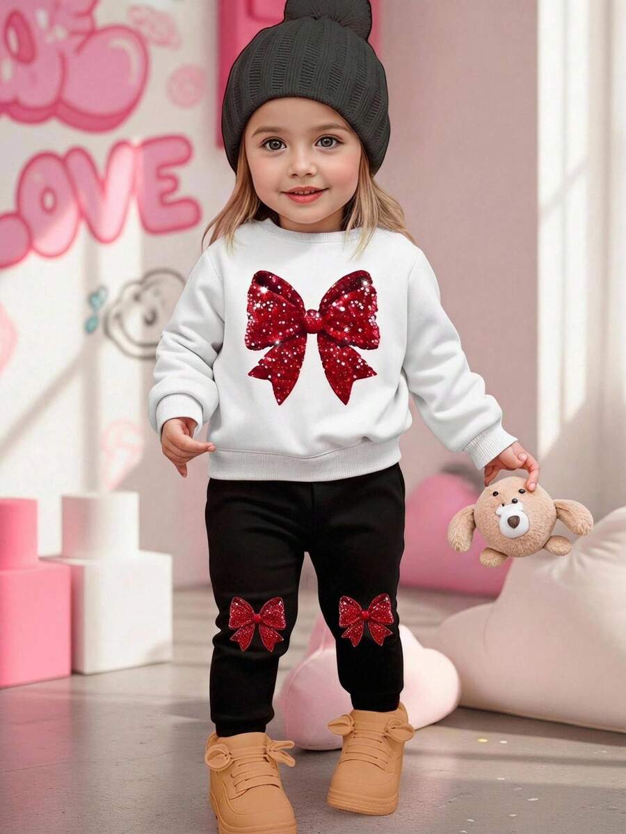 Baby Girl Casual Knit Soft Thickened Round Neck Long Sleeve Sweatshirt & Tight Leggings, Suitable For Autumn/Winter Bow Print Cute Pink - Multicolor - View 1