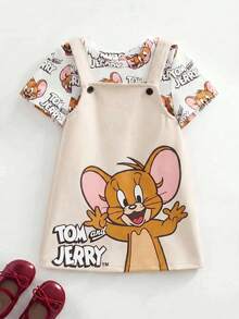 TOM & JERRY X SHEIN 女嬰卡通印花短袖T恤吊帶裙休閒套裝 - 杏色 - 查看 1