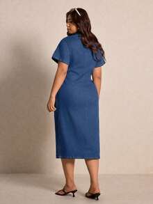 Elaquor Gaun Denim Kancing Depan Kasual Musim Panas Ukuran Besar - Medium Wash - View 4