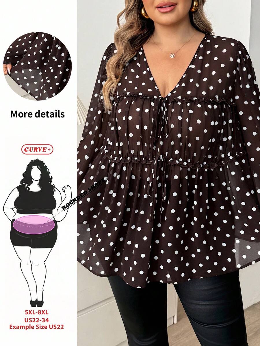 SHEIN CURVE+ Plus Size Autumn Fashion Casual Elegant Loose Brown Chiffon Sheer Long Sleeve Bow, Winter 2026 22W - Brown - View 1