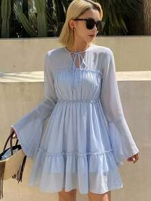DAZY V-Neck Ruffle Semi-Sheer Long Sleeve Short Dress Summer Outfit Women's Nightgown Pajamas - Blue - View 4
