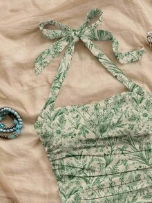 Soleia 2pcs Neck-Tied Floral Print Drawstring Ruched Backless Tank Tops For Women, Summer Suitable For Going Out - Multicolor - View 5
