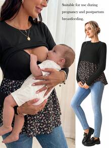 SHEIN Maternity Casual Color Block Nursing Long Sleeve T-Shirt For Autumn Wear Fall - Multicolor - View 2