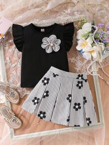 Elladie kids Mädchen Frühling/Sommer Schwarz gestricktes Rundhals T-Shirt mit Rüschenärmeln und gestreifter Vorderseite & Schwarz gewebter einfarbiger Rock mit halber elastischer Taille und 2 Schleifen-Dekor 2 Stücke Set, geeignet für Frühling/Sommer Alltagskleidung, Reisen, Urlaub, Party - Schwarz - Übersicht 5
