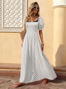 Flora Isola Flora Isola Women's Sexy Black Lace Trim Neckline Polka Dot Pattern Puff Sleeve Long Dress, Polka Dot Dress, Vacation Dress, Apricot Dress, Elegant Dress - Apricot - View 7