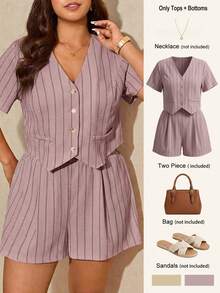 Elaquor Setelan Kasual 2 Potong Wanita Ukuran Plus Motif Garis-garis Lengan Pendek Kancing Tunggal dan Celana Pendek - Berwarna merah muda - View 10