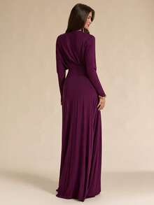 SHEIN BAE Autumn/Winter Solid Purple Deep V-Neck Long Sleeve Fitted Slim Long Knit Dress - Purple - View 2