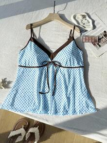 Comfortcana Spring Summer Light Blue Colorblock Patchwork Front Tie Bow Casual 1950s Vintage 1950s Vintage Plus Size Camisole Tank Top Date Night Vacation - Baby Blue - View 7