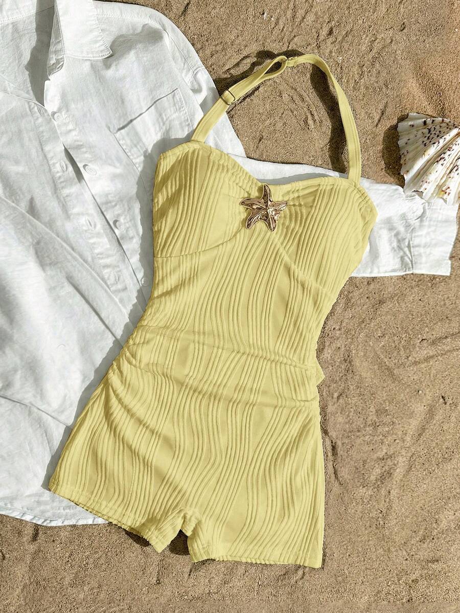 SHEIN Baju Renang Terusan Rajut Bertekstur Model Halter dengan Hiasan Bintang Laut Aprikot dan Logam untuk Liburan Pantai Kasual Remaja Perempuan, Pakaian Renang Minimalis Pas Badan - Kuning - View 1