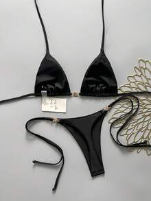 Swim Mod Women's Spring/Summer Solid Color Halter Tie Bikini Set With Metal Decor - Black - View 3