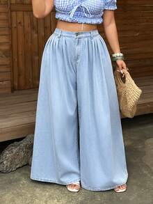 Sunnyshic Women's Plus Size Light Blue Wide Leg Jeans, Casual Pleated Design, Slimming High Waist Loose Drape Floor Length Pants - Light Wash - View 4