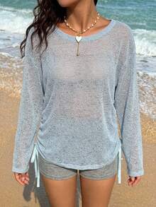 DAZY Women's Vacation Beach Side Drawstring Backless Cover-Up Summer - Blue - View 3