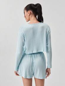 Loungeista 两件套女士舒适半透明长袖睡衣套装 + 侧开衩短裤睡衣 - 淺藍色 - 查看 3
