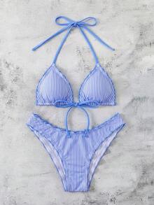SHEIN Swim 女款夏季藍白條紋印花性感海濱風細肩帶蝴蝶結比基尼兩件式泳衣海灘派對度假套裝 - 藍色 - 查看 8