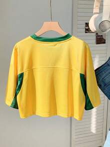 Comfortcana Women's Summer Short Sleeve V-Neck Yellow Contrast Color Letter Print Casual Cropped Top,Raglan Sleeve Baseball Jersey Streetwear City Break - Yellow - View 2