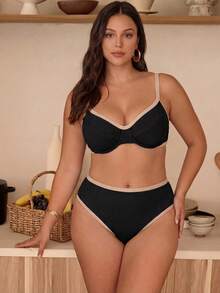 Swim Chiccia Plus Size Colorblock Trim Swimsuit Set - Black - View 4