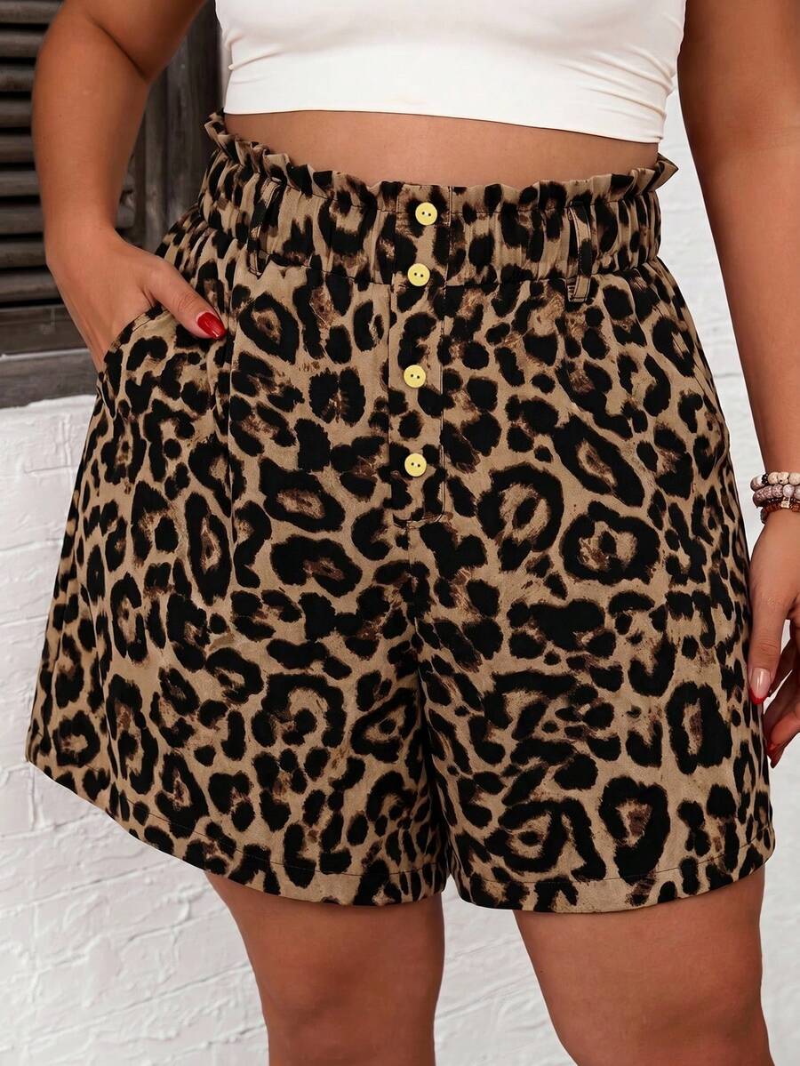 Comfylo Plus Size Women's Leopard Print Casual Versatile Shorts With Pockets And Button Front