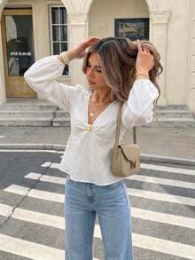 Serisse Women's Casual Versatile Solid Color Lantern Sleeve Blouse Elegant - White - View 5