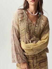 Bohemela Vintage Boho Gradient Seahorse Hollow Knit Sweater Vacation Dusty Pink Autumn - Champagne - View 6