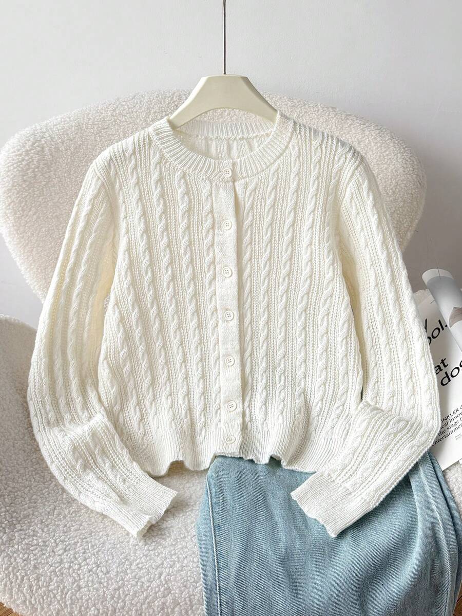 SHEIN 青少年女孩時尚休閒秋冬針織素色開襟外套 - 白色 - 查看 1