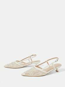 CUCCOO HITCHD Women Shoes Multicolor Mesh Embroidery Pearl Tips, Backstrap Sandals, Low Heel Design, Commuter Dating Wedding Daily Gentle Style Women's Shoes - White - View 3